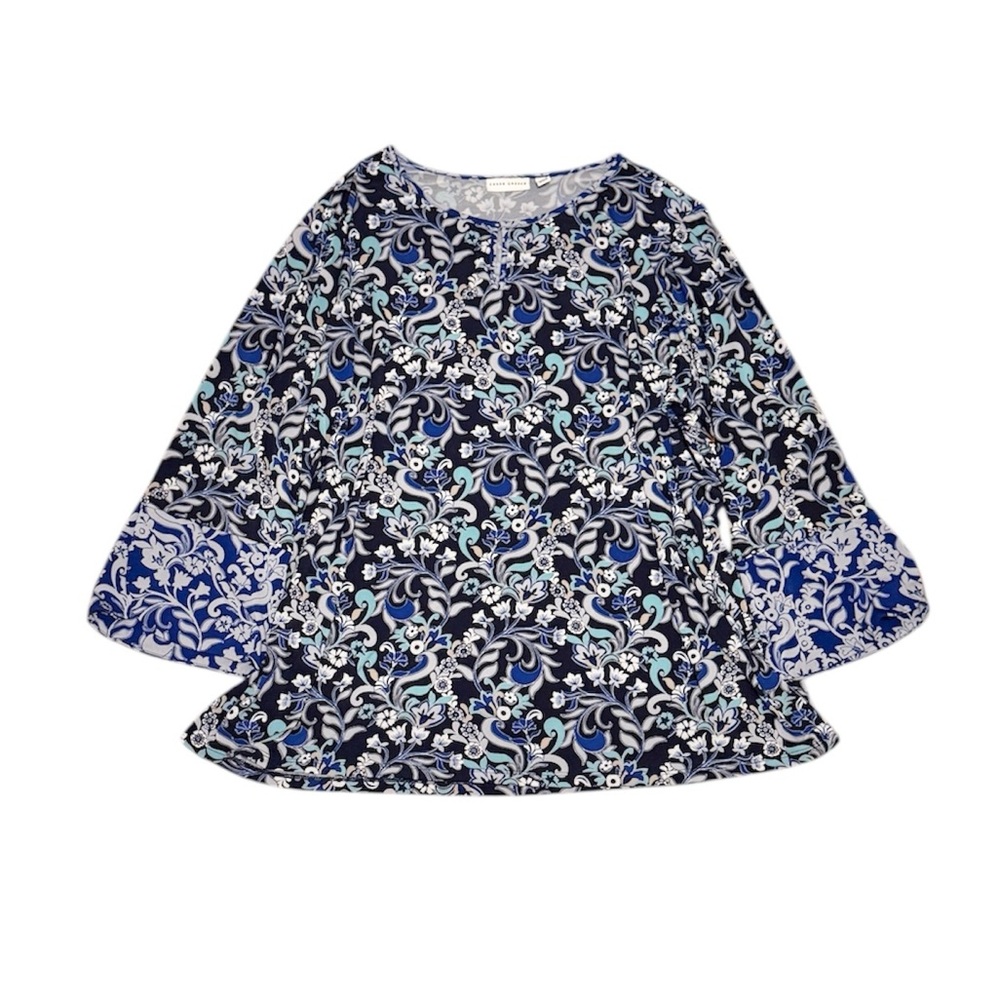 Susan Graver Blue and White Floral Blouse size 3X liquid knit material top - Picture 4 of 7